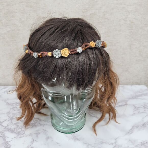 Brown Floral Headband Crown with Blue Flowers Hippie Boho Festival - Picture 8 of 10